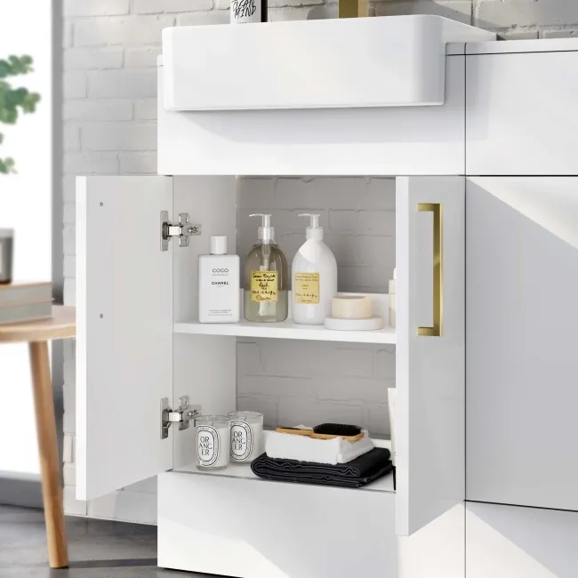 Harper Gloss White Vanity with Semi Recessed Basin 500mm - Brushed Brass Accents