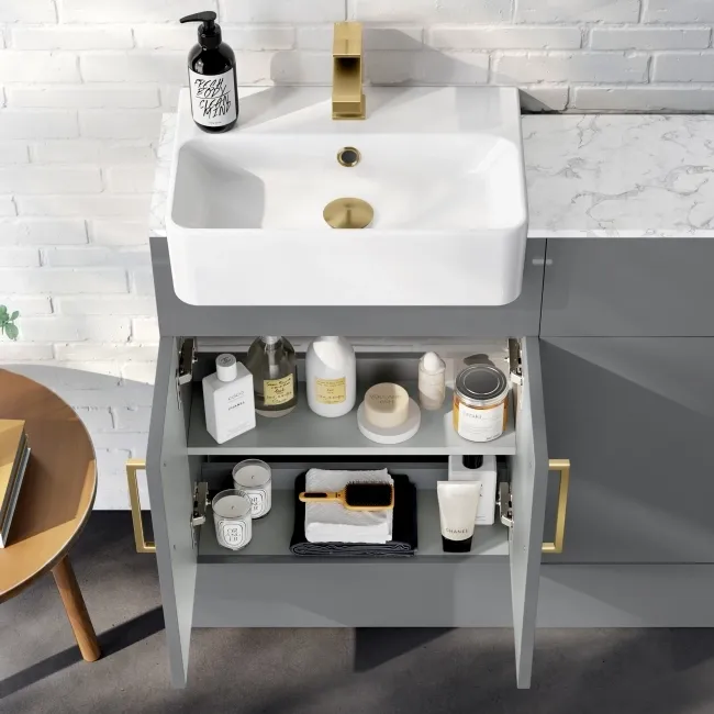 Harper Stone Grey Combination Vanity Basin with Marble Top & Tucson Toilet 1000mm - Brushed Brass Accents