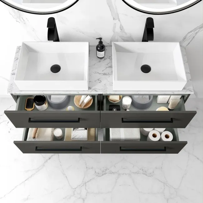 Elba Graphite Grey Double Wall Hung Drawer Vanity with Marble Top & Cody Basin 1200mm - Black Accents