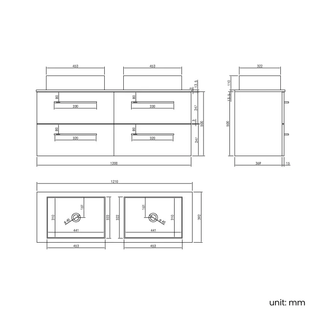 Elba Graphite Grey Double Wall Hung Drawer Vanity with Marble Top & Cody Basin 1200mm - Black Accents