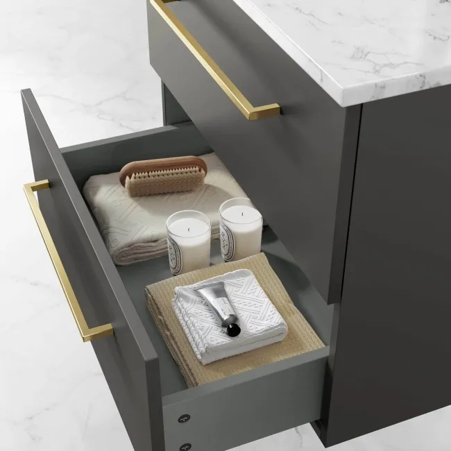 Elba Graphite Grey Wall Hung Drawer Vanity with Marble Top & Cody Basin 600mm - Brushed Brass Accents