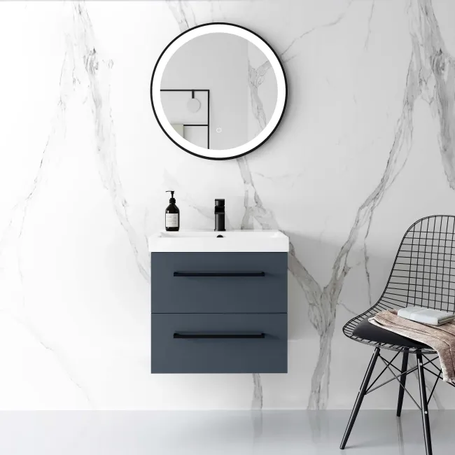 Elba Inky Blue Wall Hung Basin Drawer Vanity 500mm - Black Accents