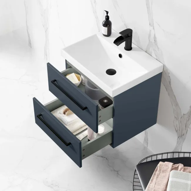 Elba Inky Blue Wall Hung Basin Drawer Vanity 500mm - Black Accents