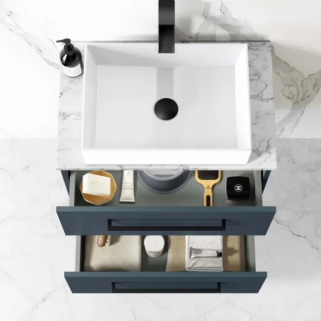 Elba Inky Blue Wall Hung Drawer Vanity with Marble Top & Cody Basin 600mm - Black Accents