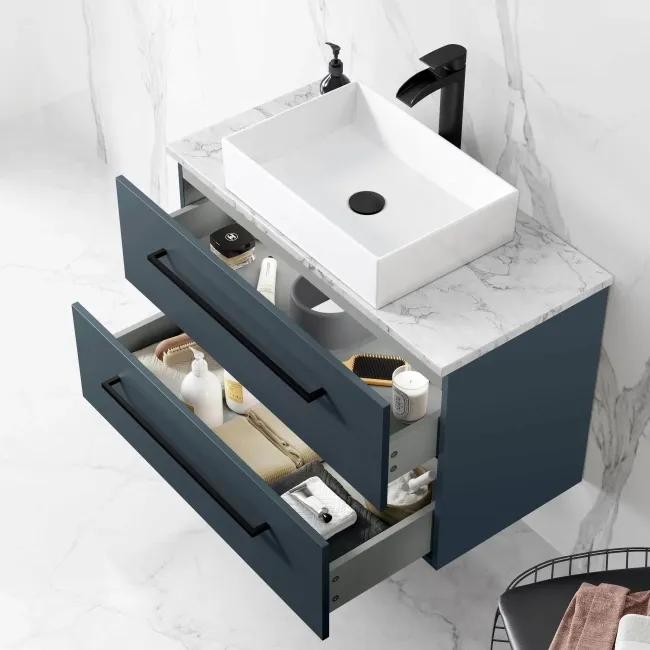Elba Inky Blue Wall Hung Drawer Vanity with Marble Top & Cody Basin 800mm - Black Accents
