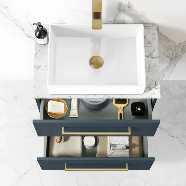 Elba Inky Blue Wall Hung Drawer Vanity with Marble Top & Cody Basin 600mm - Brushed Brass Accents