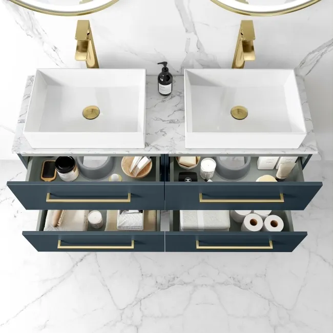 Elba Inky Blue Double Wall Hung Drawer Vanity with Marble Top & Cody Basin 1200mm - Brushed Brass Accents
