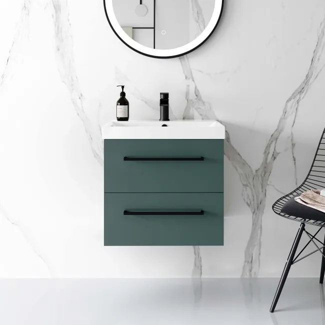 Elba Midnight Green Wall Hung Basin Drawer Vanity 500mm - Black Accents