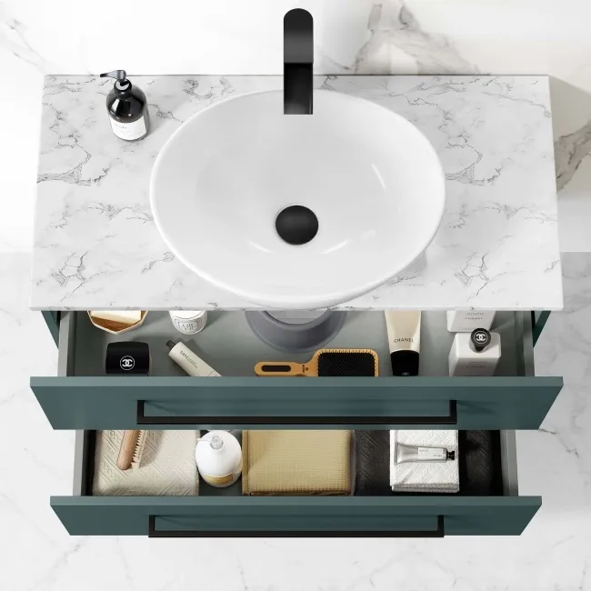 Elba Midnight Green Wall Hung Drawer Vanity with Marble Top & Oval Counter Top Basin 800mm - Black Accents