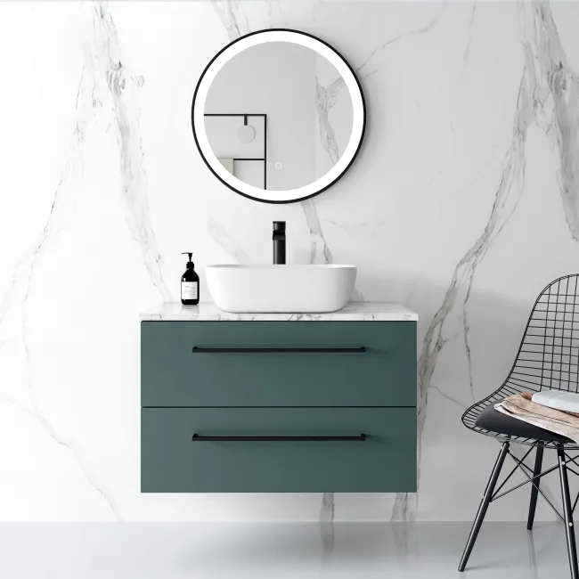 Elba Midnight Green Wall Hung Drawer Vanity with Marble Top & Curved Counter Top Basin 800mm - Black Accents