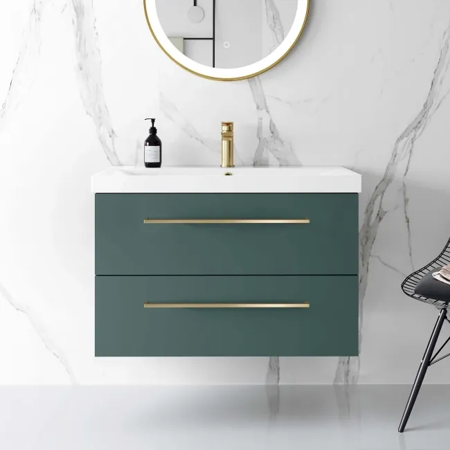 Elba Midnight Green Wall Hung Basin Drawer Vanity 800mm - Brushed Brass Accents