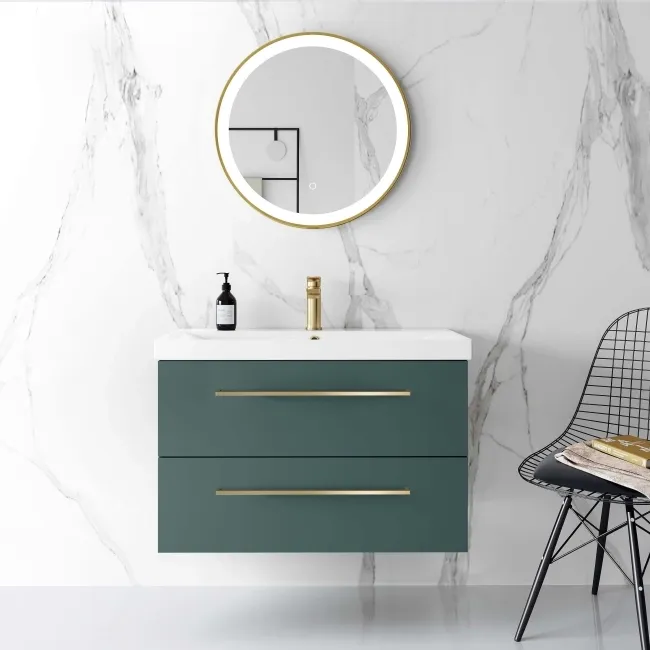 Elba Midnight Green Wall Hung Basin Drawer Vanity 800mm - Brushed Brass Accents