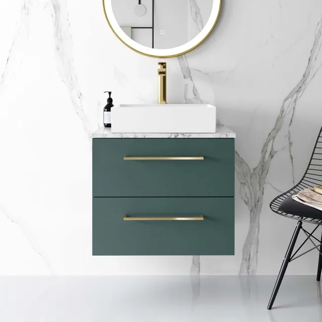 Elba Midnight Green Wall Hung Drawer Vanity with Marble Top & Cody Basin 600mm - Brushed Brass Accents
