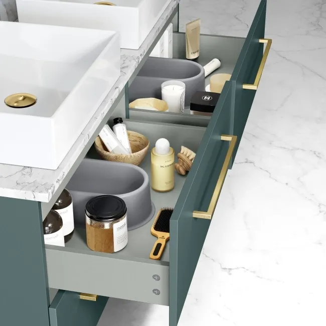 Elba Midnight Green Double Wall Hung Drawer Vanity with Marble Top & Cody Basin 1200mm - Brushed Brass Accents