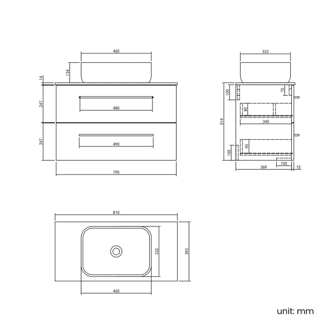 Elba Midnight Green Wall Hung Drawer Vanity with Marble Top & Curved Counter Top Basin 800mm - Brushed Brass Accents