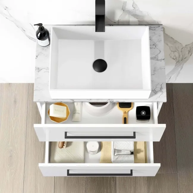 Elba Gloss White Wall Hung Drawer Vanity with Marble Top & Cody Basin 600mm - Black Accents