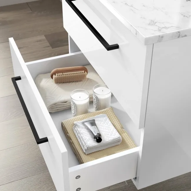 Elba Gloss White Wall Hung Drawer Vanity with Marble Top & Cody Basin 600mm - Black Accents