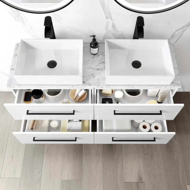 Elba Gloss White Double Wall Hung Drawer Vanity with Marble Top & Cody Basin 1200mm - Black Accents