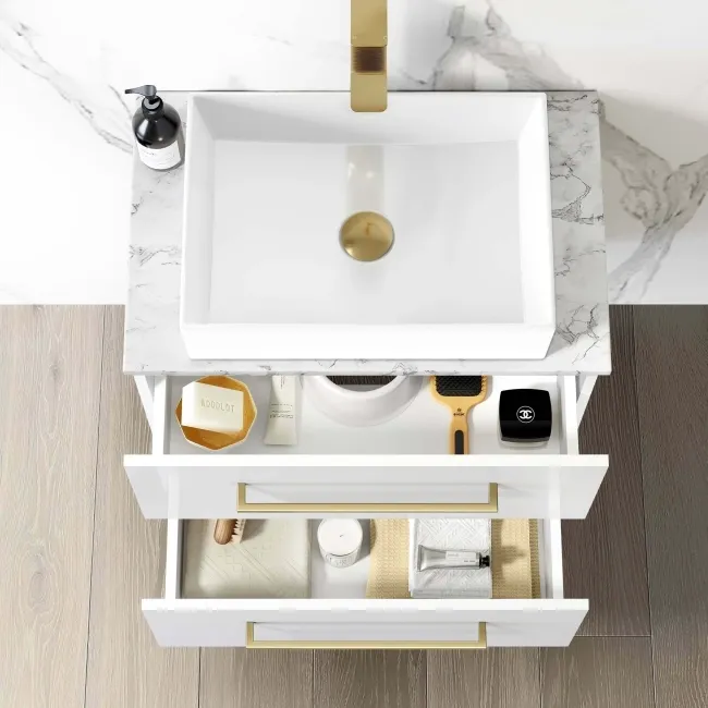 Elba Gloss White Wall Hung Drawer Vanity with Marble Top & Cody Basin 600mm - Brushed Brass Accents