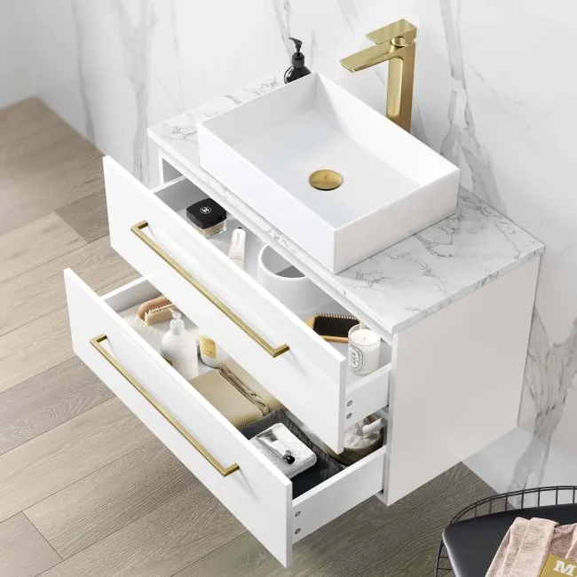 Elba Gloss White Wall Hung Drawer Vanity with Marble Top & Cody Basin 800mm - Brushed Brass Accents