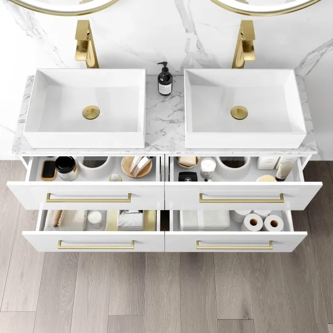 Elba Gloss White Double Wall Hung Drawer Vanity with Marble Top & Cody Basin 1200mm - Brushed Brass Accents