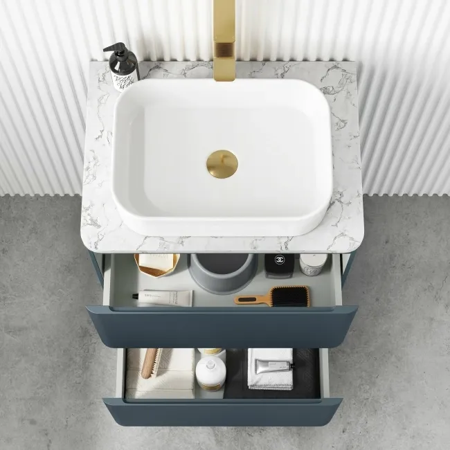 Corsica Inky Blue Vanity Drawer with Marble Top & Marin Basin 600mm
