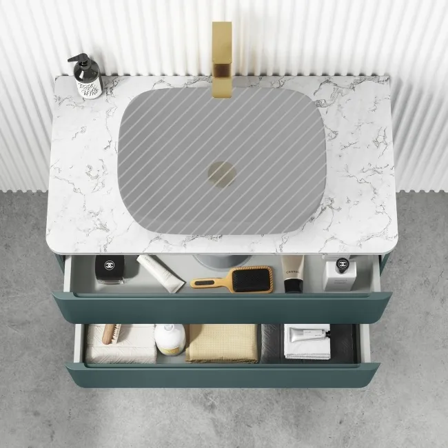 Corsica Midnight Green Wall Hung Drawer Vanity with Marble Top 800mm - Excludes Counter Top Basin