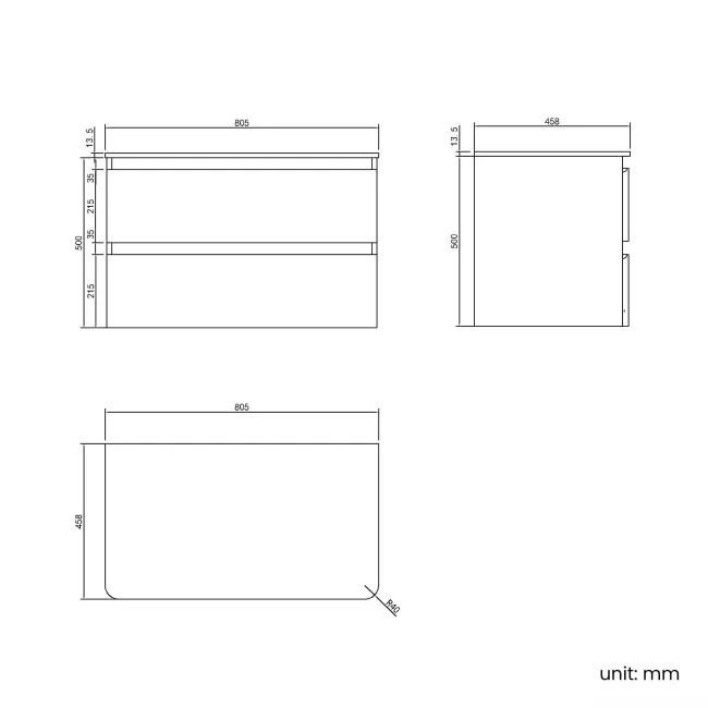 Corsica Midnight Green Wall Hung Drawer Vanity with Marble Top 800mm - Excludes Counter Top Basin