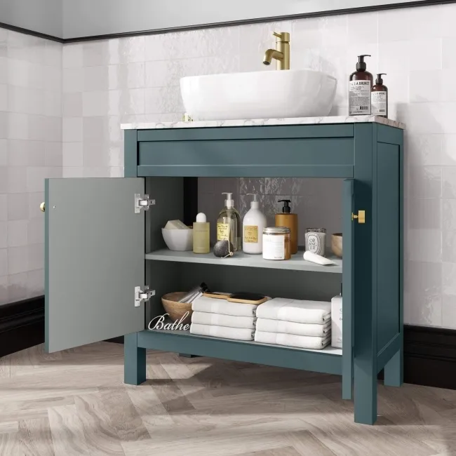 Bermuda Midnight Green Vanity with Marble Top & Curved Counter Top Basin 800mm - Brushed Brass Accents