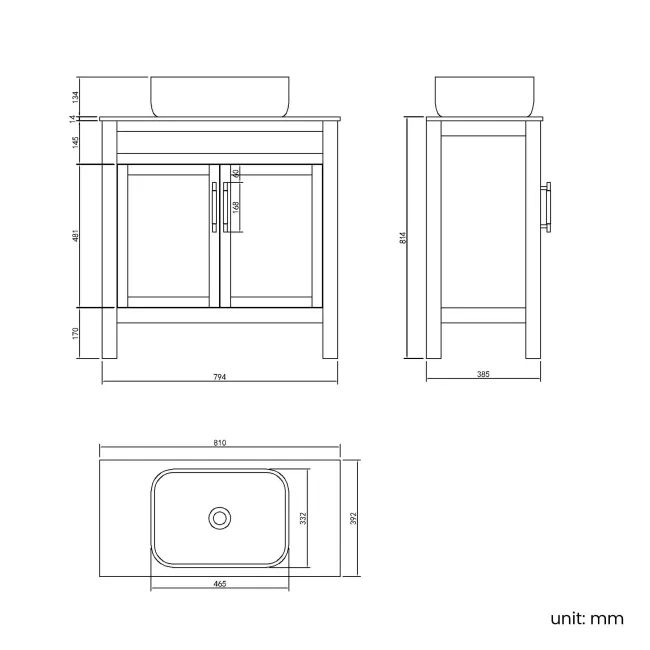 Bermuda Midnight Green Vanity with Marble Top & Curved Counter Top Basin 800mm - Brass Knurled Handles