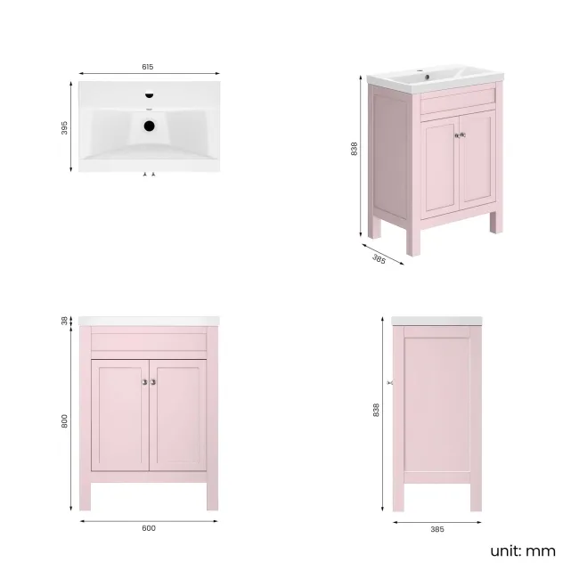 Bermuda Cashmere Pink Basin Vanity 600mm
