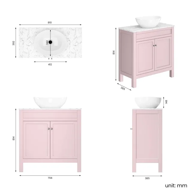 Bermuda Cashmere Pink Vanity with Marble Top & Oval Counter Top Basin 800mm