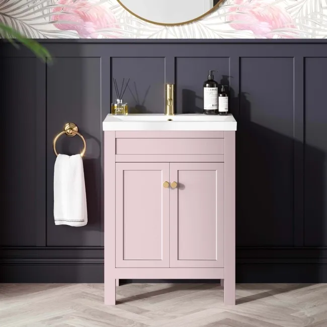 Bermuda Cashmere Pink Basin Vanity 600mm - Brushed Brass Accents