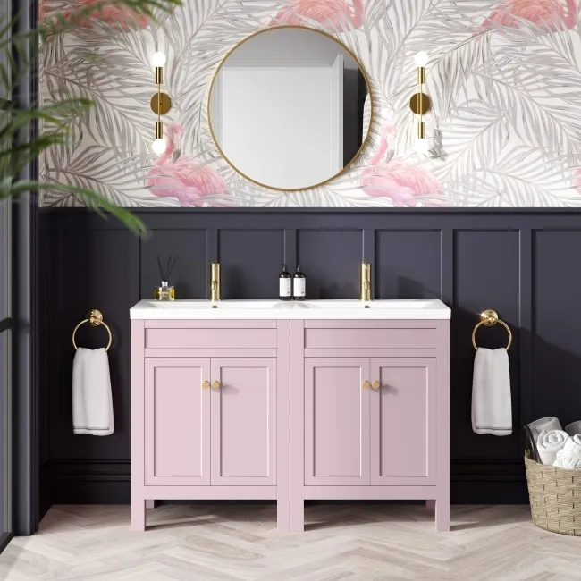 Bermuda Cashmere Pink Double Basin Vanity 1200mm - Brushed Brass Accents