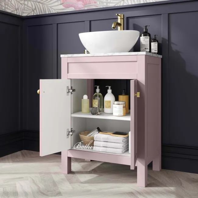 Bermuda Cashmere Pink Vanity with Marble Top & Oval Counter Top Basin 600mm - Brushed Brass Accents
