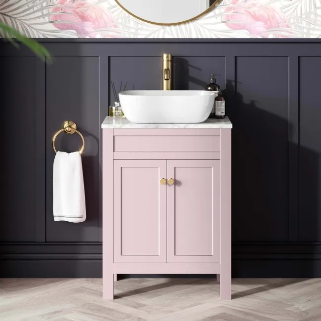 Bermuda Cashmere Pink Vanity with Marble Top & Curved Counter Top Basin 600mm - Brushed Brass Accents
