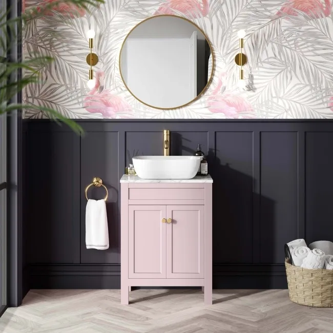 Bermuda Cashmere Pink Vanity with Marble Top & Curved Counter Top Basin 600mm - Brushed Brass Accents