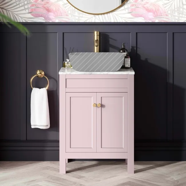 Bermuda Cashmere Pink Cabinet with Marble Top 600mm (Excludes Counter Top Basin) - Brushed Brass Accents