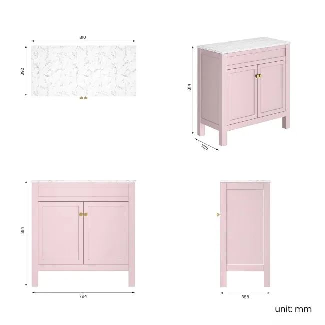 Bermuda Cashmere Pink Cabinet with Marble Top 800mm (Excludes Counter Top Basin) - Brushed Brass Accents