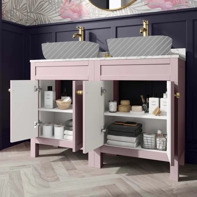 Bermuda Cashmere Pink Cabinet with Marble Top 1200mm (Excludes Counter Top Basin) - Brushed Brass Accents