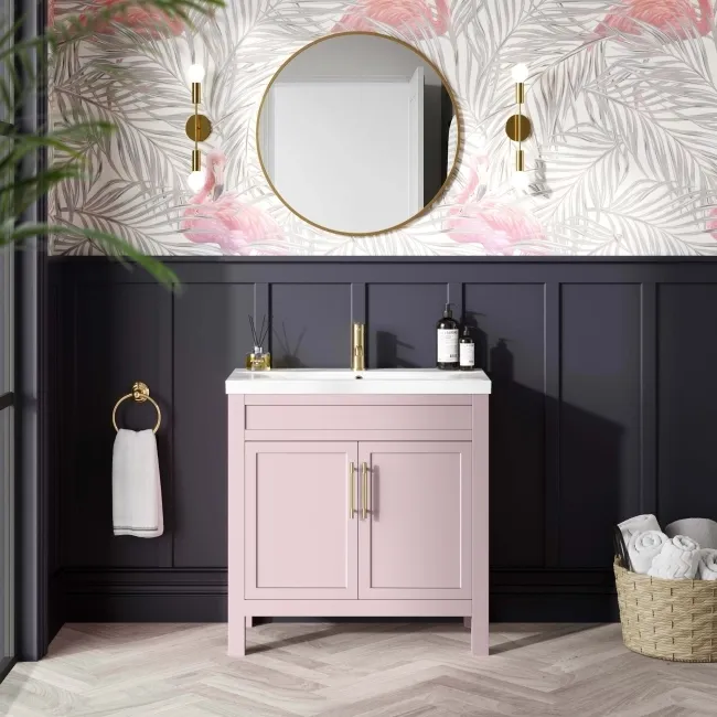Bermuda Cashmere Pink Basin Vanity 800mm - Brass Knurled Handles