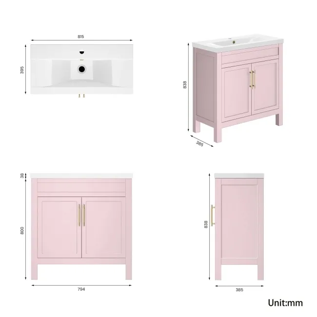 Bermuda Cashmere Pink Basin Vanity 800mm - Brass Knurled Handles