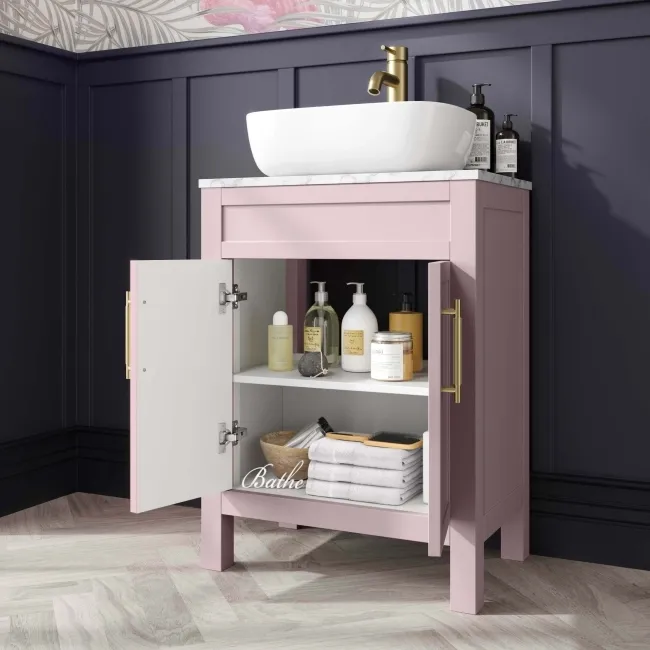 Bermuda Cashmere Pink Vanity with Marble Top & Curved Counter Top Basin 600mm - Brass Knurled Handles