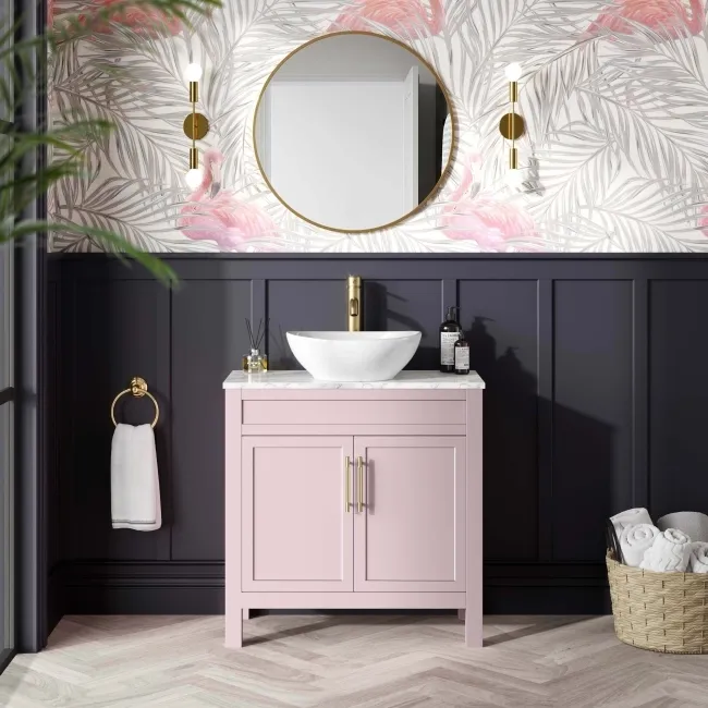 Bermuda Cashmere Pink Vanity with Marble Top & Oval Counter Top Basin 800mm - Brass Knurled Handles