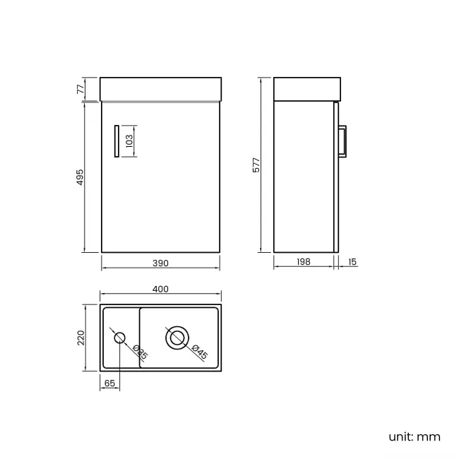 Quartz Gloss White Cloakroom Wall Hung Basin Vanity 400mm - Black Accents