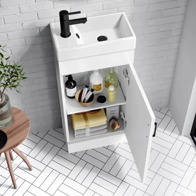 Quartz Gloss White Cloakroom Floor Standing Basin Vanity 400mm - Black Accents