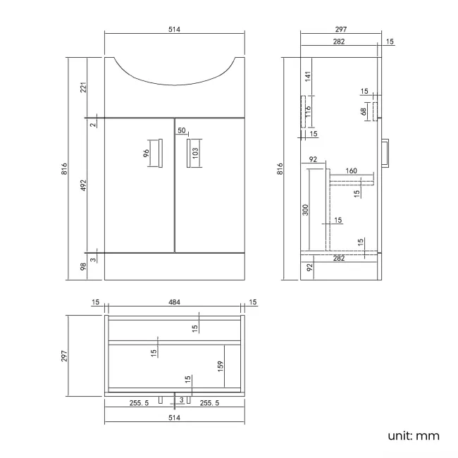 Quartz Gloss White Vanity with Semi Recessed Basin 550mm - Black Accents