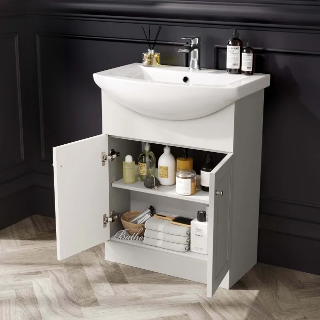 Capri Cotton White Vanity with Semi Recessed Basin 650mm - Brushed Handles