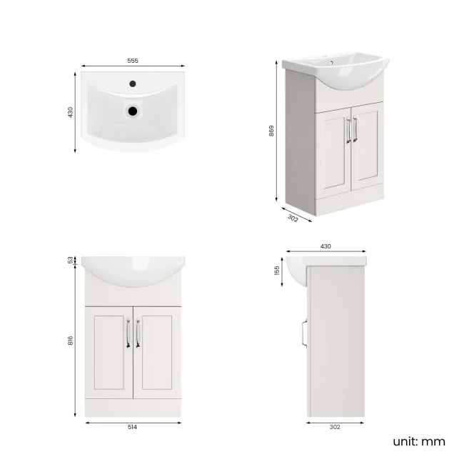 Capri Cotton White Vanity with Semi Recessed Basin 550mm - Traditional Handles