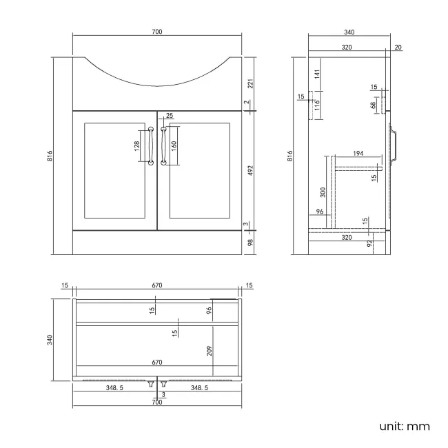 Capri Cotton White Vanity with Semi Recessed Basin 750mm - Traditional Handles
